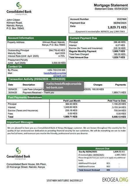 Modèle Word et PDF de relevé hypothécaire de la Kenya Consolidated Bank of Kenya